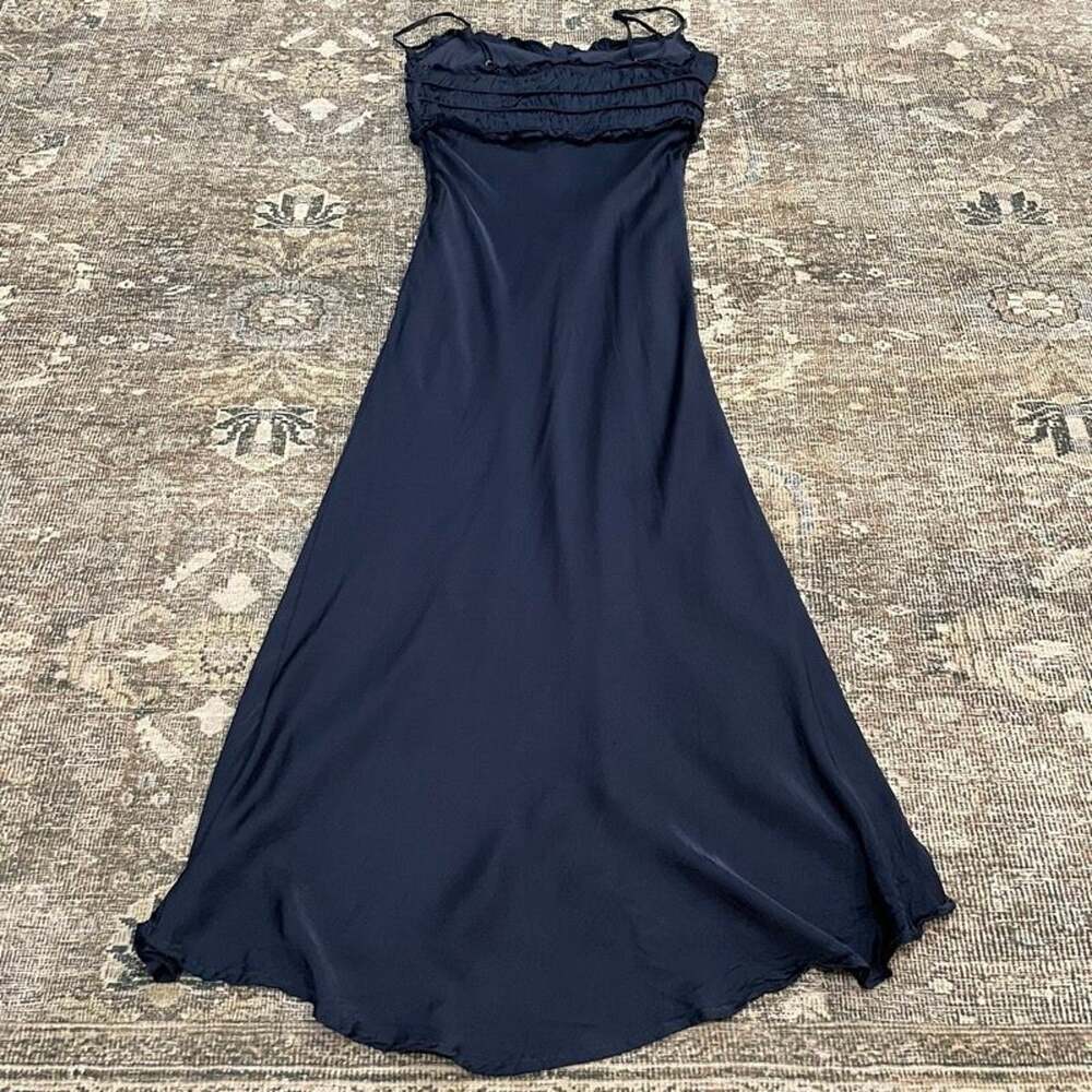 ASTR The Label Navy Ruched Bodice Slip Midi Dress Spaghetti Strap Womens S